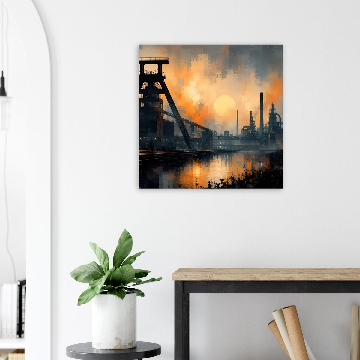 Industrie-Dämmerung-Panoramaposter: Industrie-Skyline mit Kran und spiegelndem Wasser