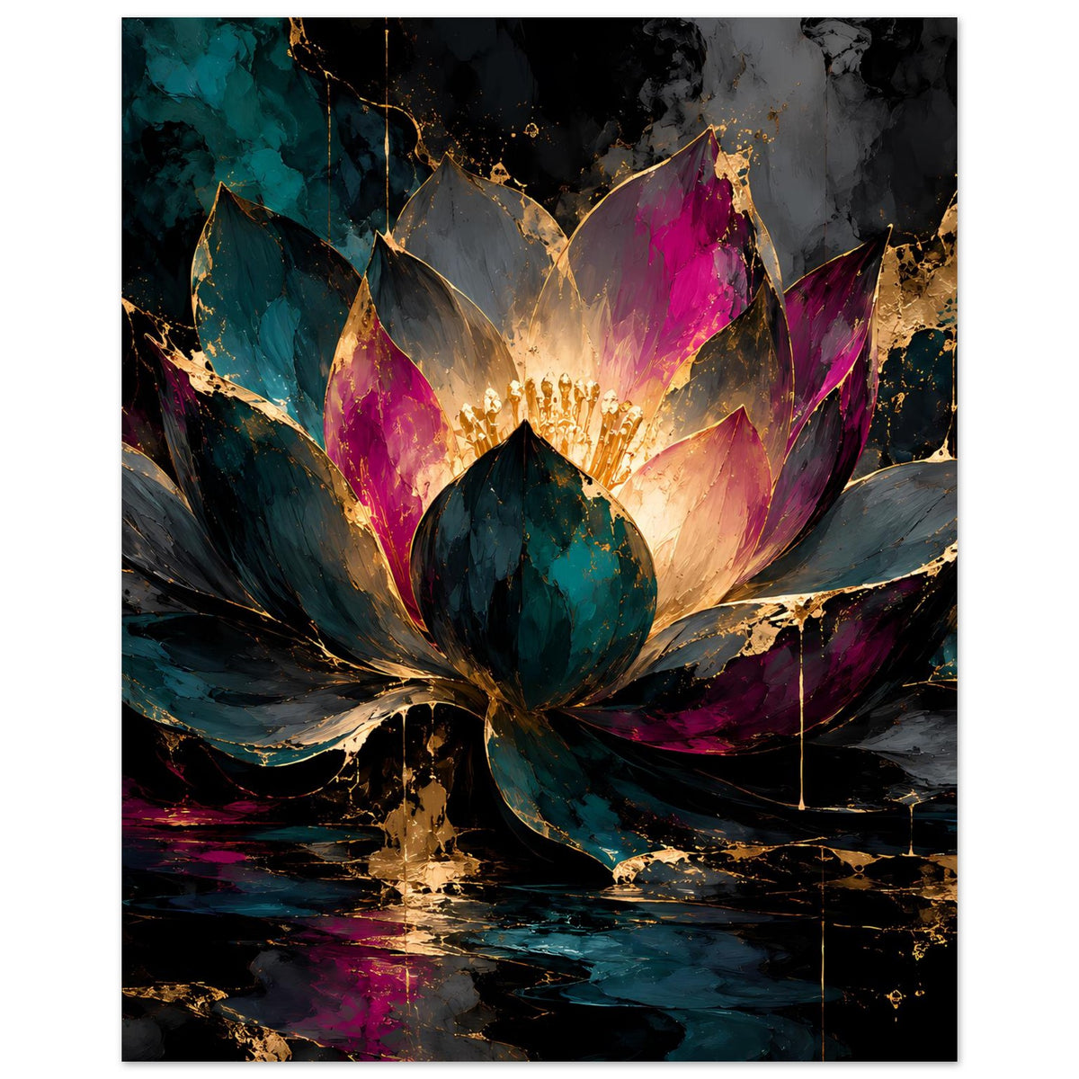 Vertikales Kunstposter mit Lotusblüte und farbigen Blättern, goldene Lichtakzente im Zentrum