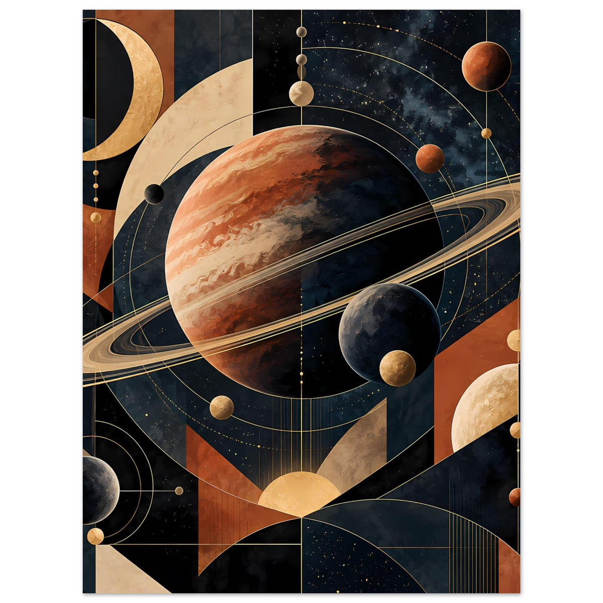 Poster im Hochformat mit Planet, Saturnring, Orbitlinien und geometrischen Flächen in warmen Farben