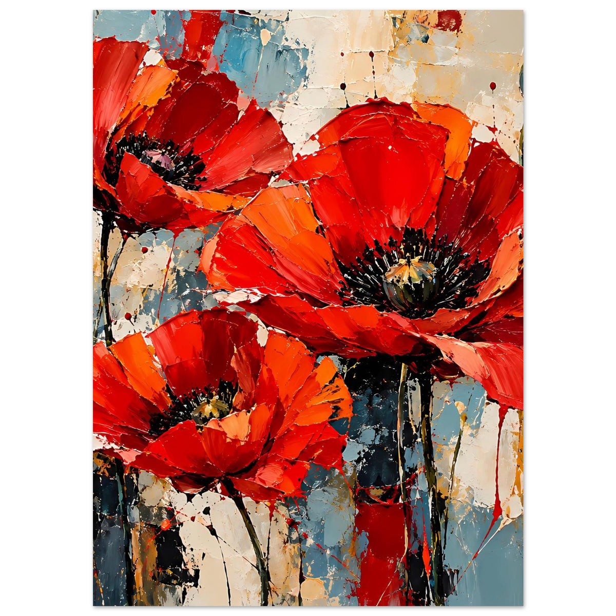 Abstraktes Poster mit roten Mohnblumen auf mattem Premiumpapier, vertikal, zentriert