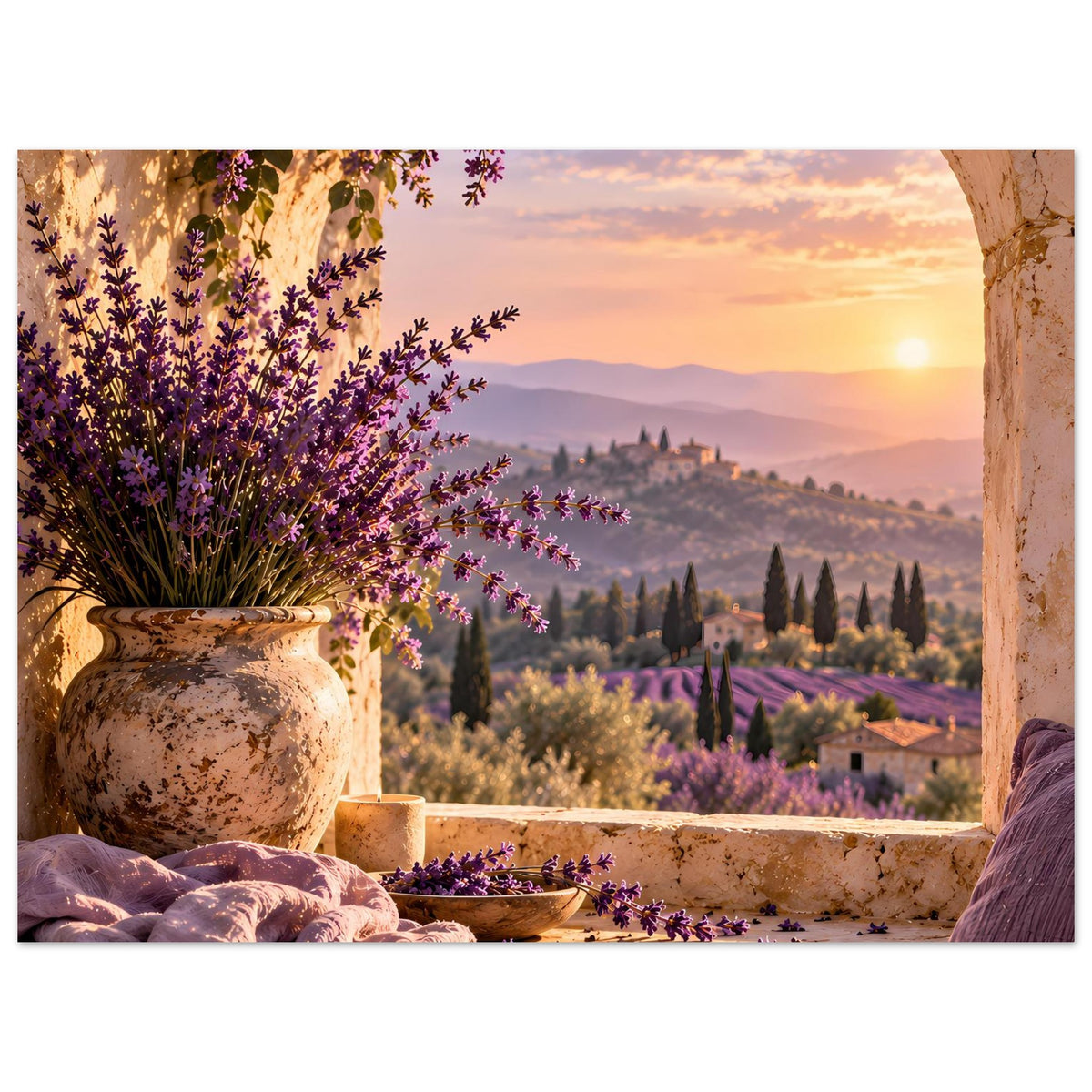 Lavendelblumen-Poster mit Vase, Steinmauer und lila Blüten vor sonnenuntergehenden Hügeln