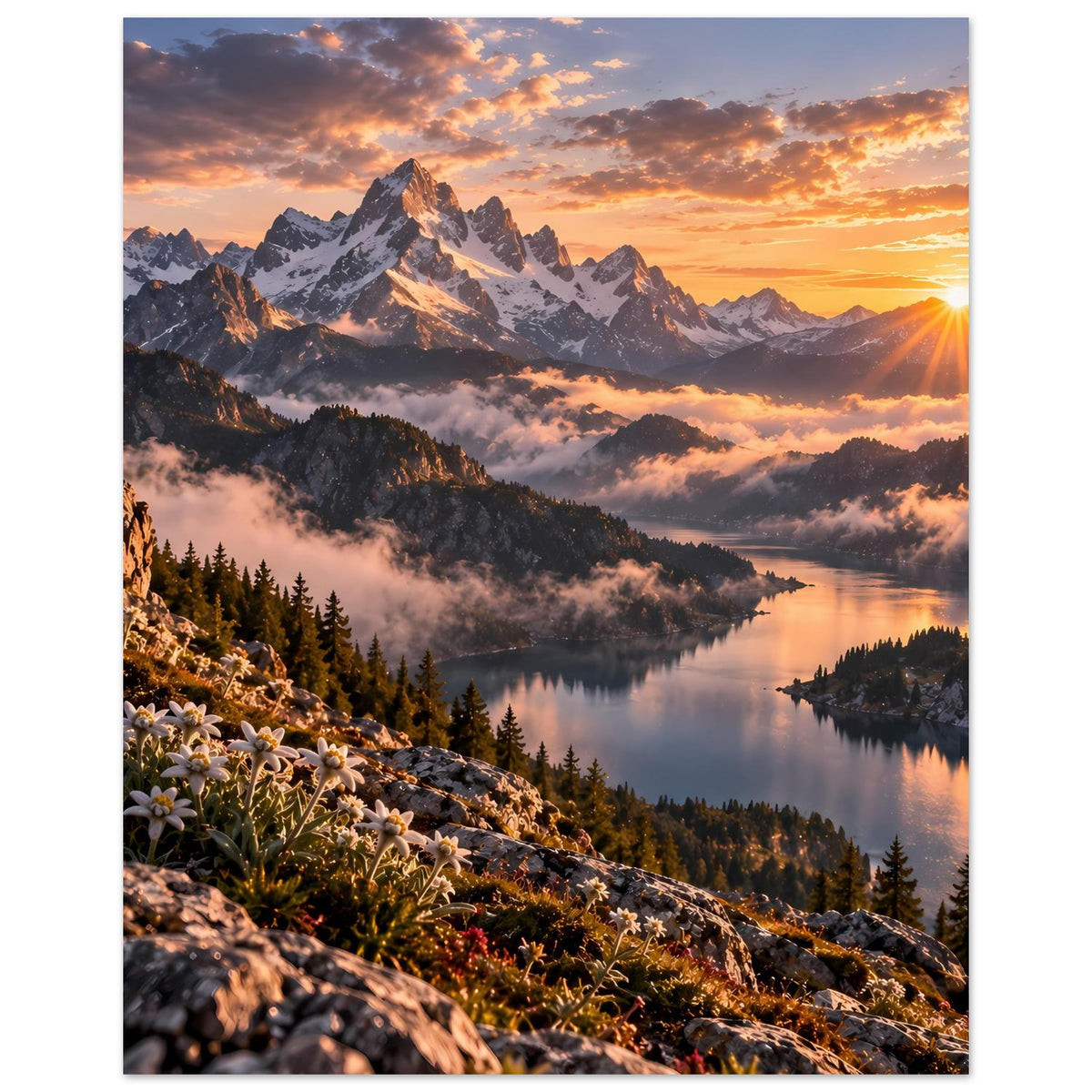 Vertikales Alpenposter: Sonnenaufgang, Bergsee und Wildblumen am Hang