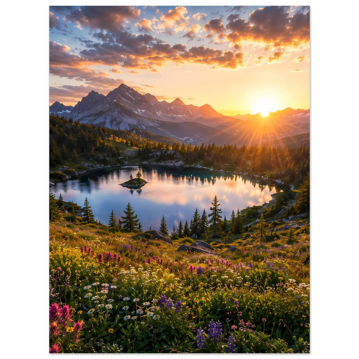 Vertikales Poster mit Sonnenstrahlen über Bergsee, Berge, Tannen und Blumenrand.