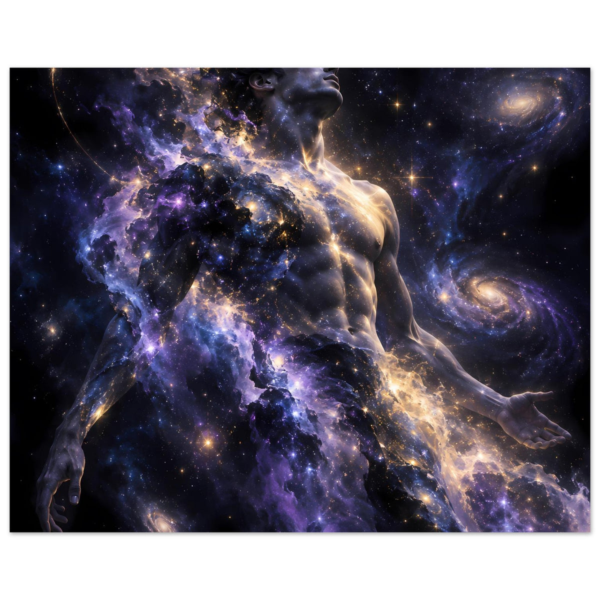 Galaxienposter mit stehender männlicher Figur, violetter Weltraum mit goldenen Lichtsträhnen