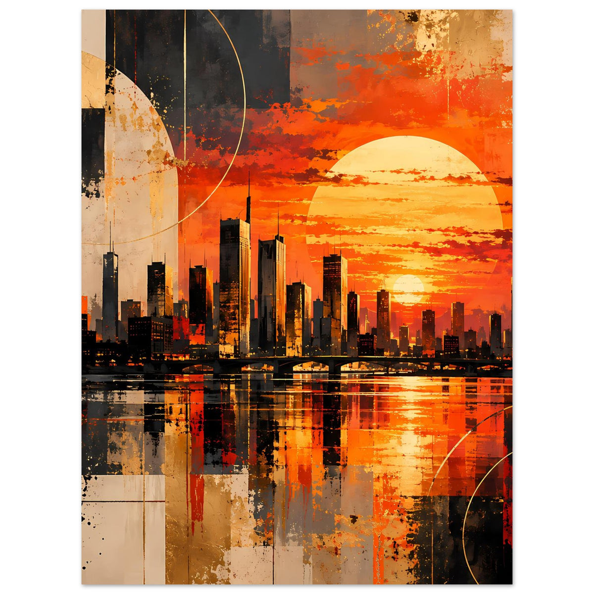 Poster im Hochformat mit dunkler Skyline, orangefarbenem Himmel und großer Sonnenscheibe