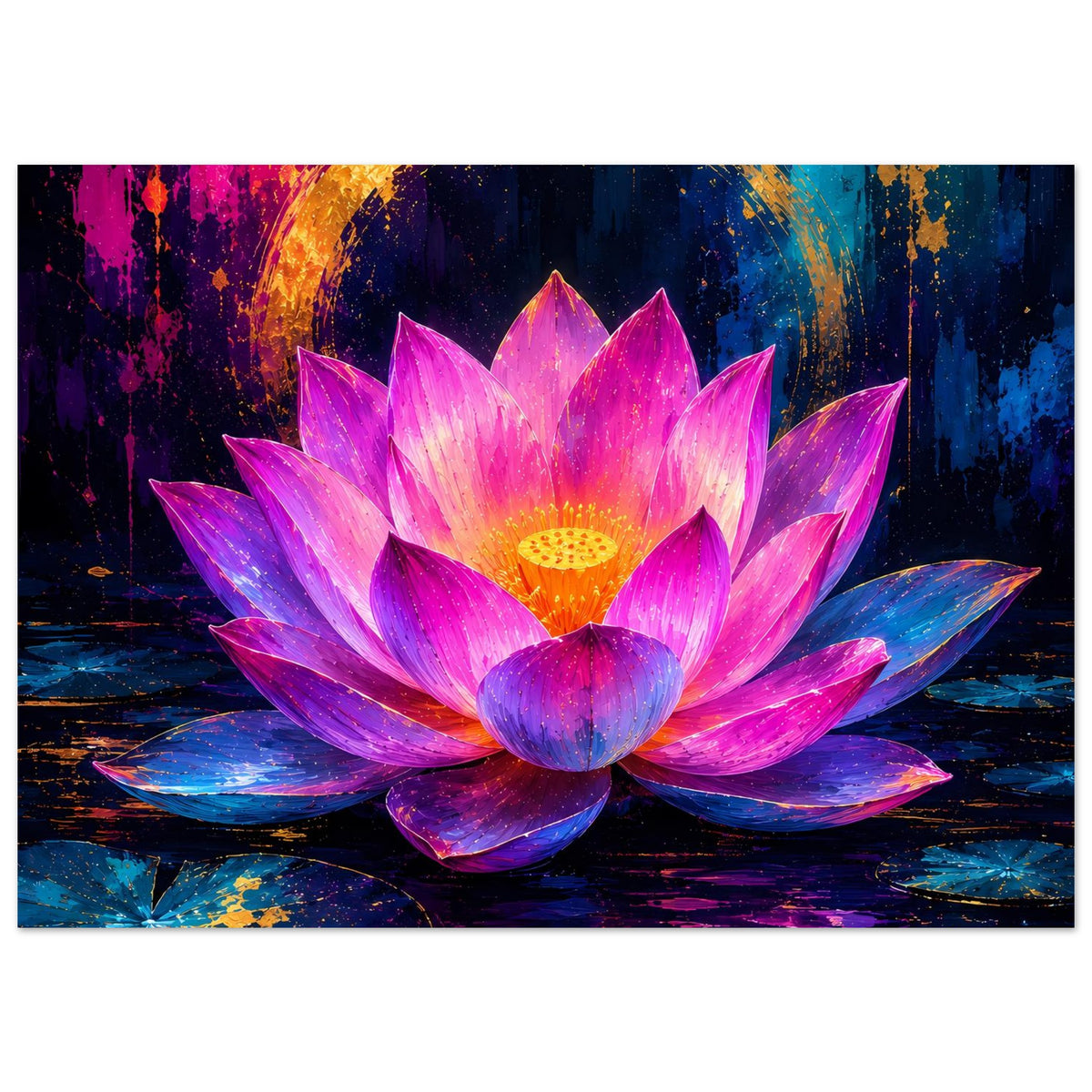 Querformat-Blumenposter mit leuchtender Lotusblüte in Rosa und Violett, goldene Blütenmitte