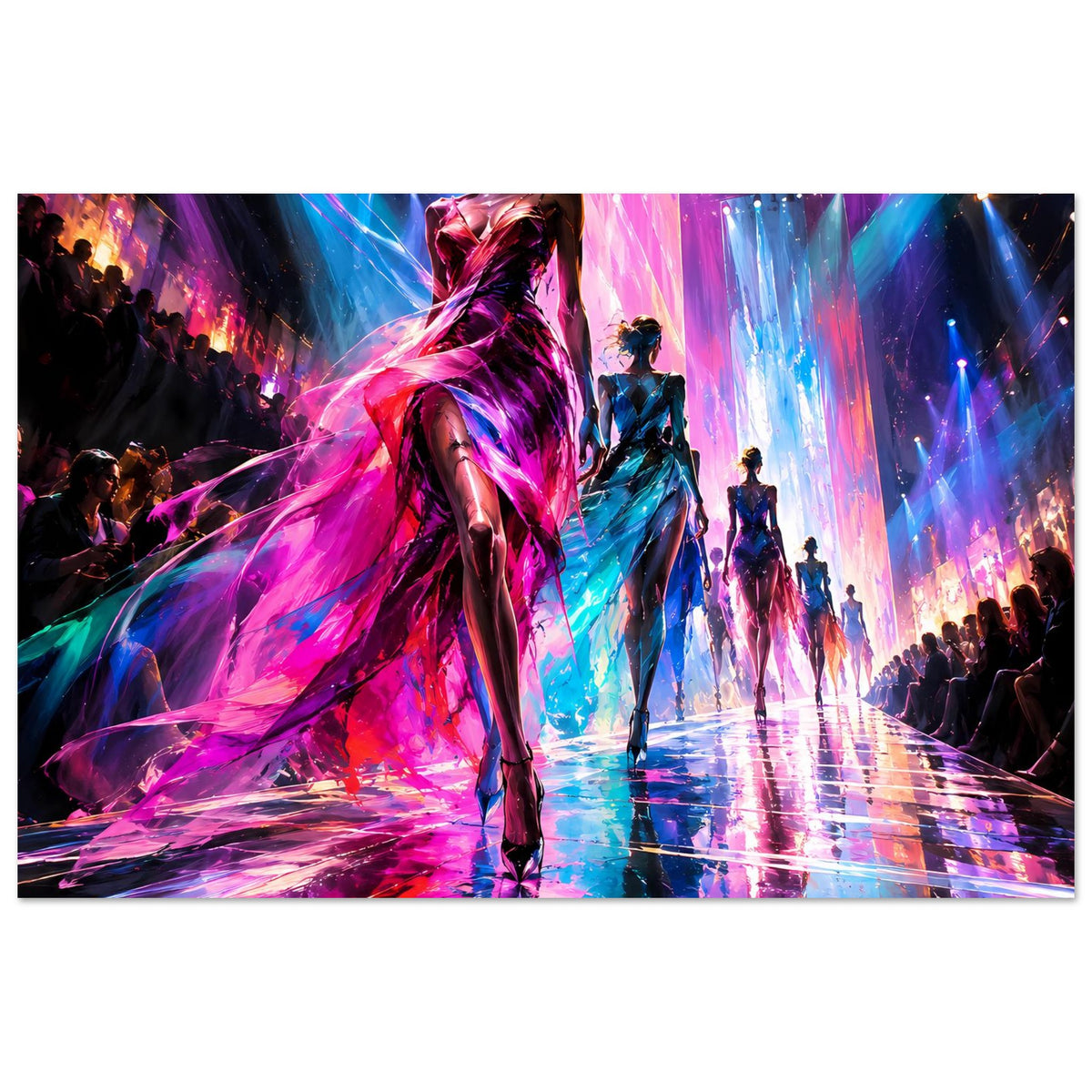 Poster, horizontal: Laufstegszene mit mehreren Models, neonfarbene Kleider in Pink und Blau