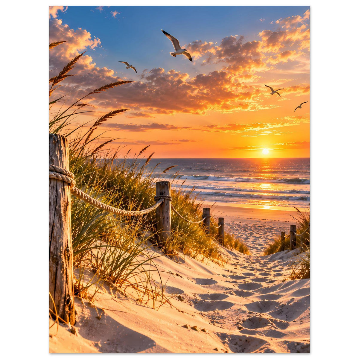 Wandposter mit Sonnenuntergang am Strand, Sandpfad, hohes Seegras und Möwen