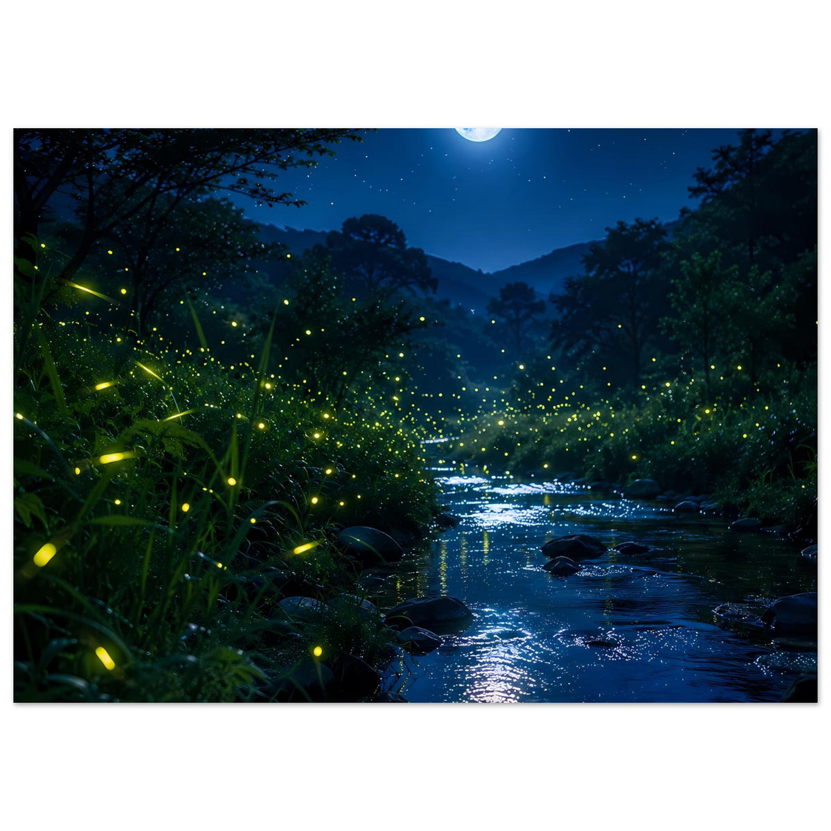 Wandposter im Querformat: Mondlicht, Flusslauf mit Steinen und vielen Glühwürmchen
