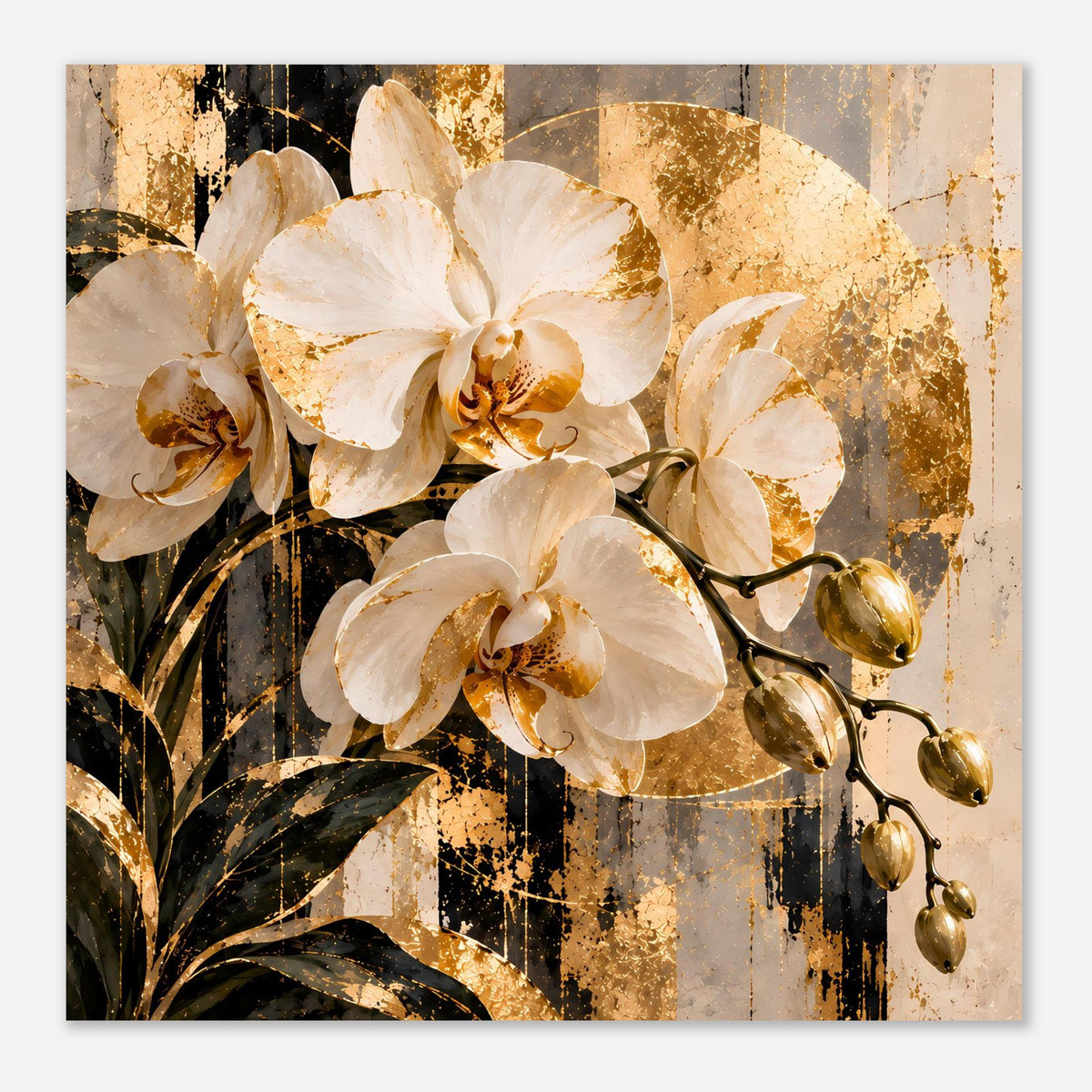 Orchideen-Wandbild, Close-up von weißen Blüten mit goldenen Details, horizontal