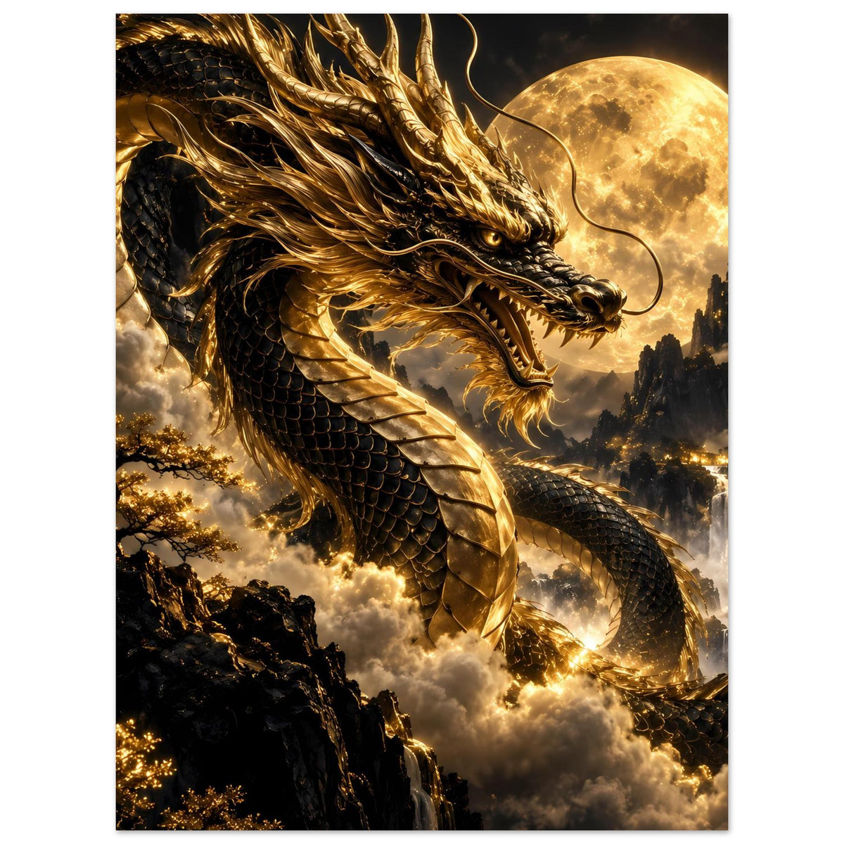 Poster mit goldenem Drachenkopf und Flügeln vor Vollmond, dunklem Fantasy-Motiv