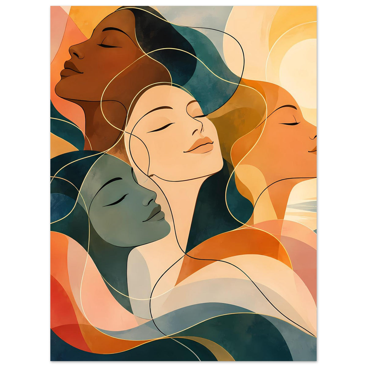 Kunstposter mit abstrakten Frauenporträts, Erdtöne, Blaugrün und orangefarbene Flächen