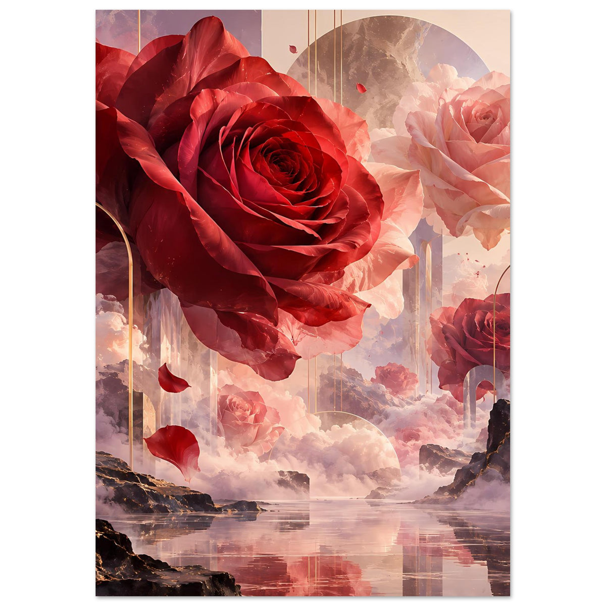 Hochformat-Poster mit dominanter roter Rosenblüte, rosafarbener Rose und Fantasiewolken