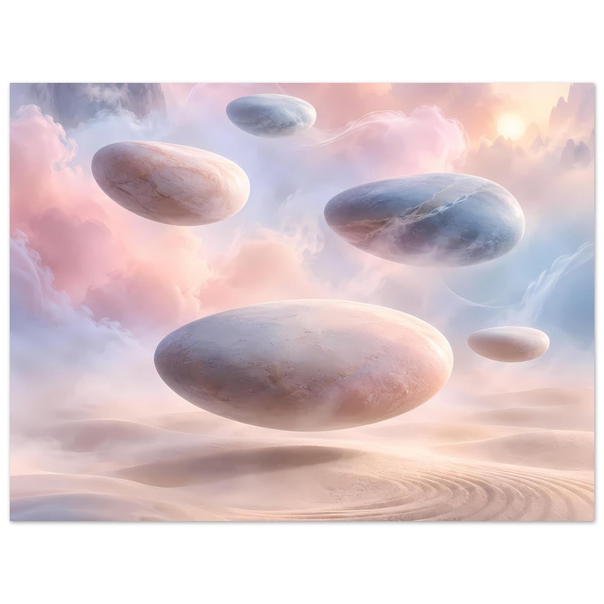 Surreales Pastellposter mit großem Stein vorn und mehreren schwebenden Steinen über rosa Dünen