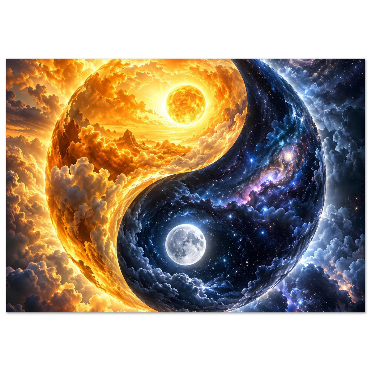 Querformat-Poster mit Yin-Yang: Sonne und Mond auf zwei Seiten, mit Sternstaub und Wolken