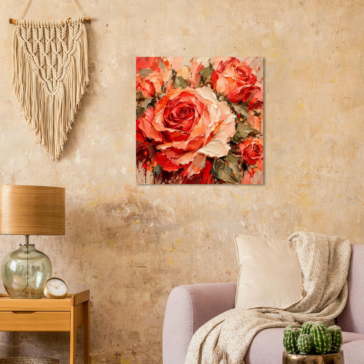 Quadratisches Wandposter mit Rosenbouquet in Rot-, Orange- und Rosatönen, gemustert