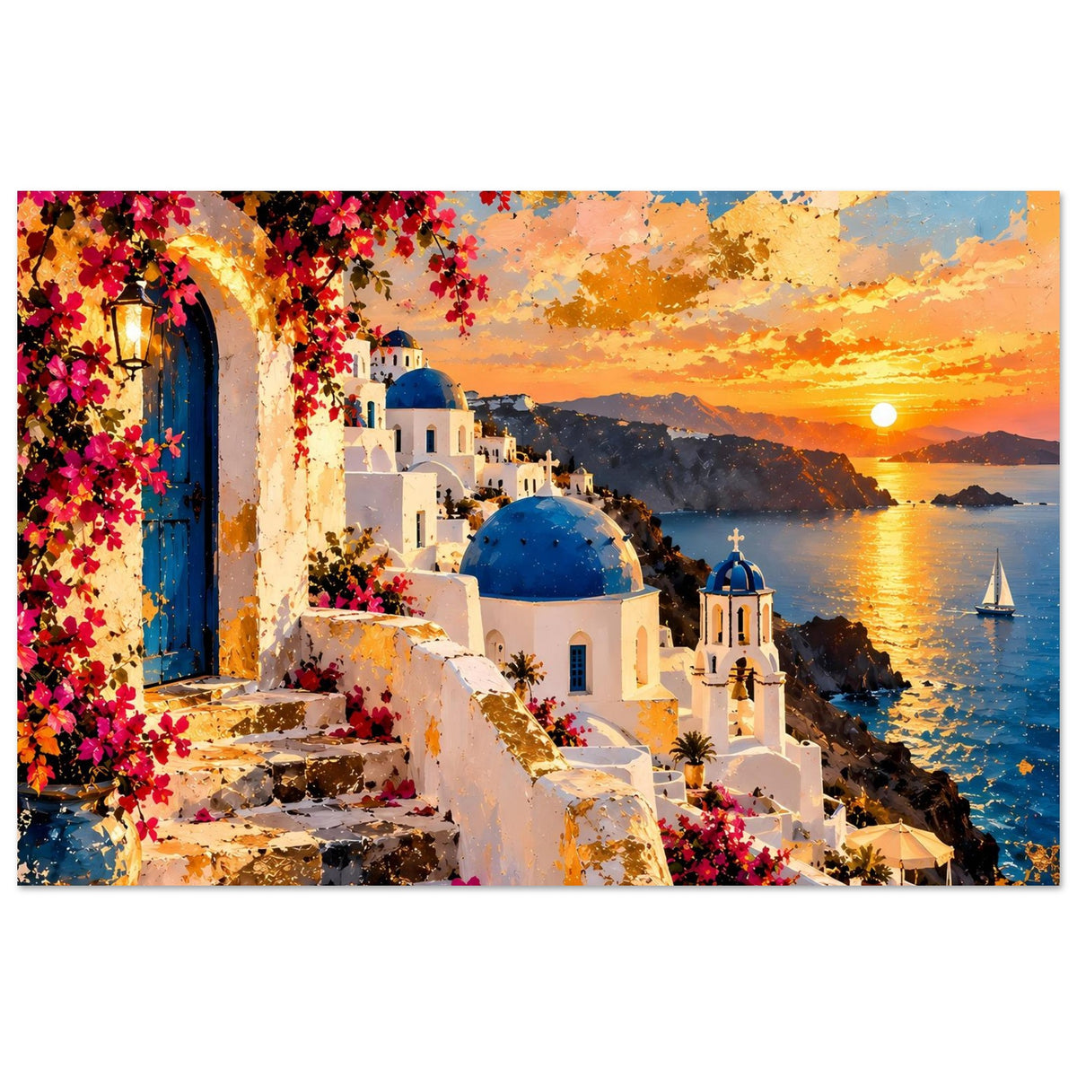 Breites Poster mit Santorini-Szene: blühender Balkon, weiße Treppe, blaue Kuppel am Meer