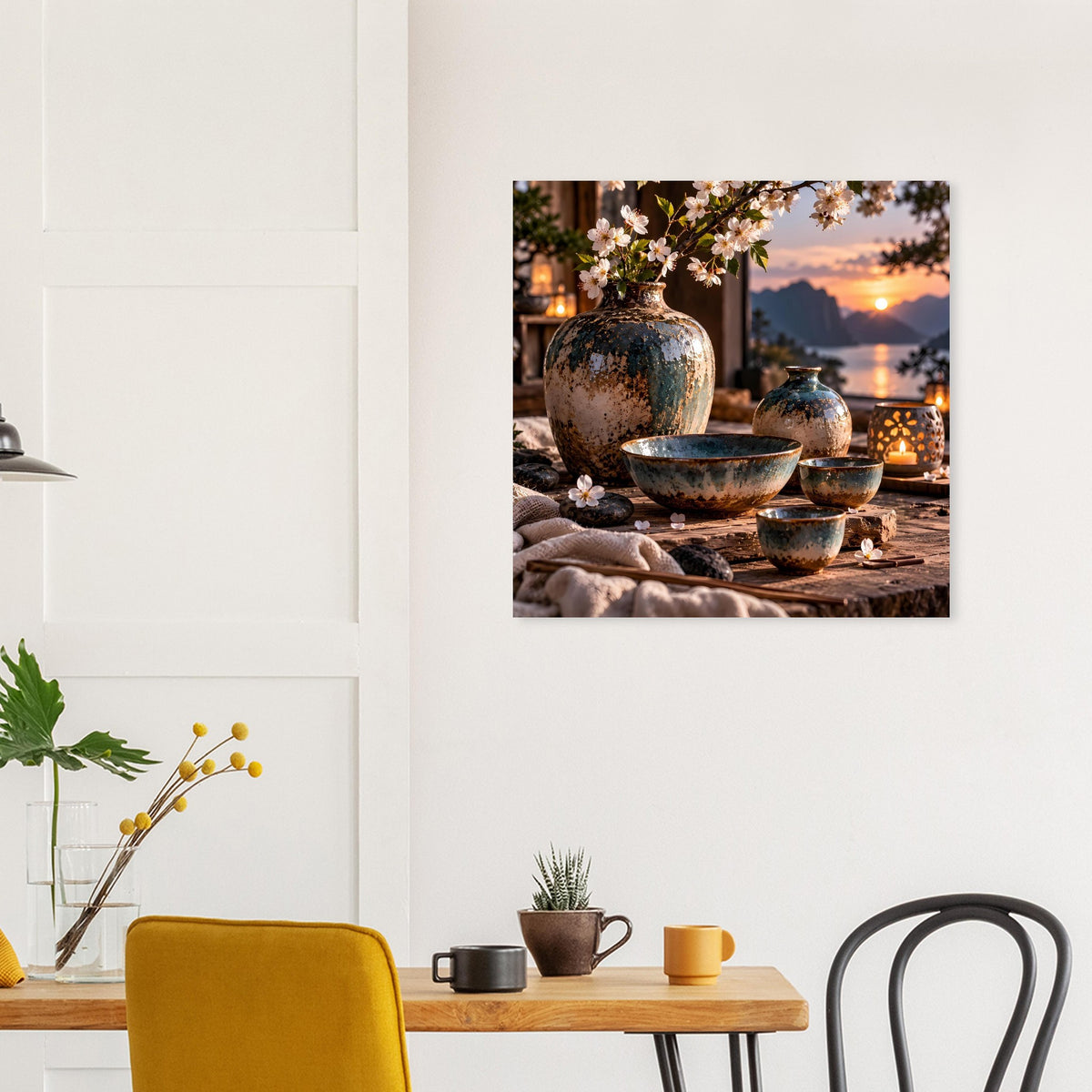 Poster mit japanischer Keramik: blau gesprenkelte Schalen, bauchige Vasen und Kirschblüten im Sonnenuntergang