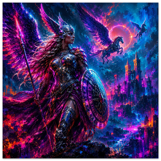 Fantasy-Poster mit Valkyrie in leuchtender Rüstung, rundem Schild und Speer vor leuchtender Stadt