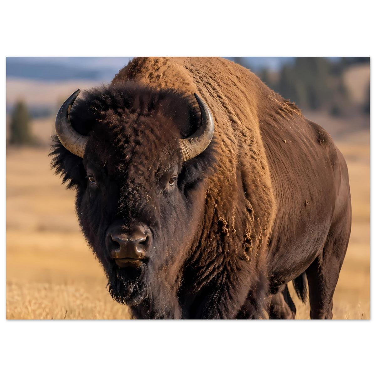 Bison-Wildlife-Poster im Querformat: Büffel-Porträt mit Hörnern und Blick nach vorn.