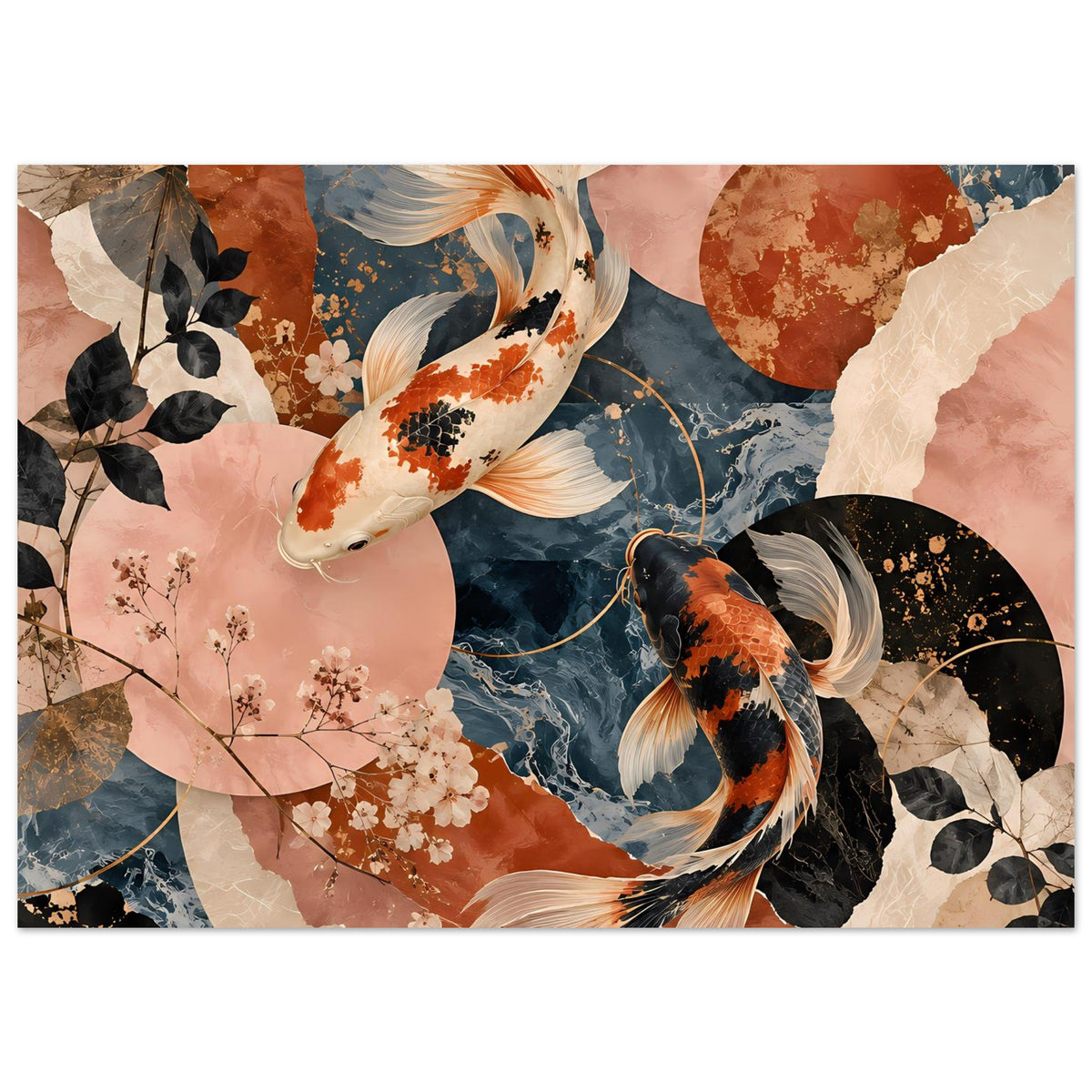 Wandposter mit Koi-Fischen im Terrakotta- und Dunkelblau-Motiv, querformat
