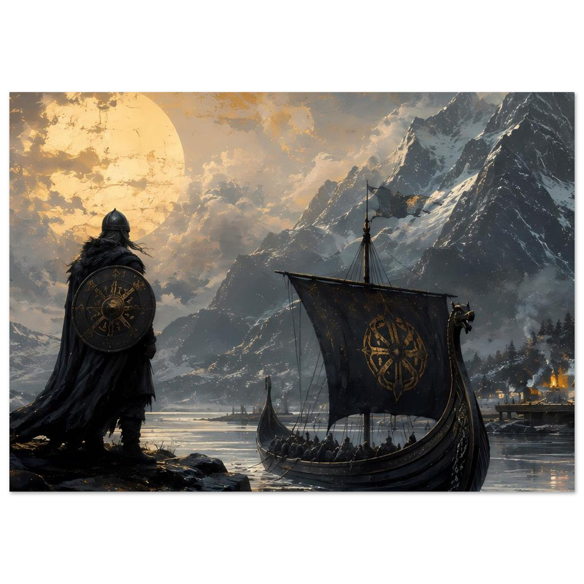 Poster mit Vikingkrieger, rundem Schild und Langschiff vor winterlicher Gebirgslandschaft