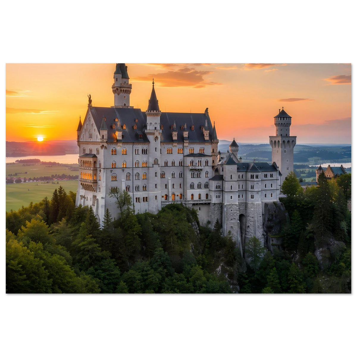 Kunstposter mit Schloss im Sonnenuntergang, weiße Dächer und Türme vor farbigem Himmel