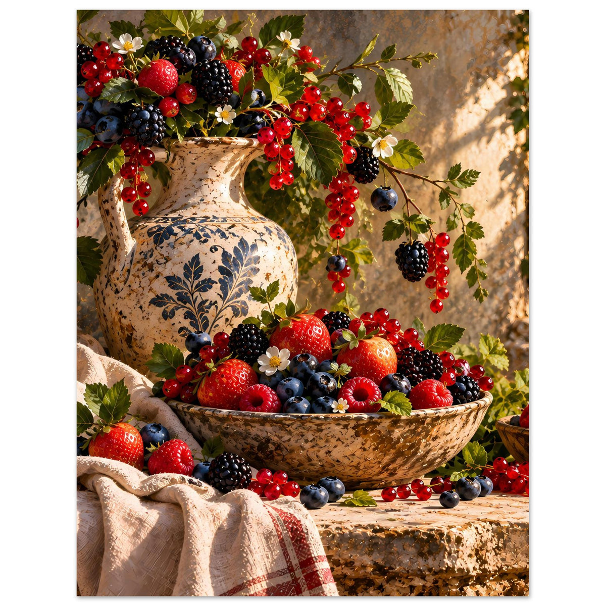 Beeren-Stillleben-Poster mit Vase, roten und blauen Beeren sowie dekorativen Blumen