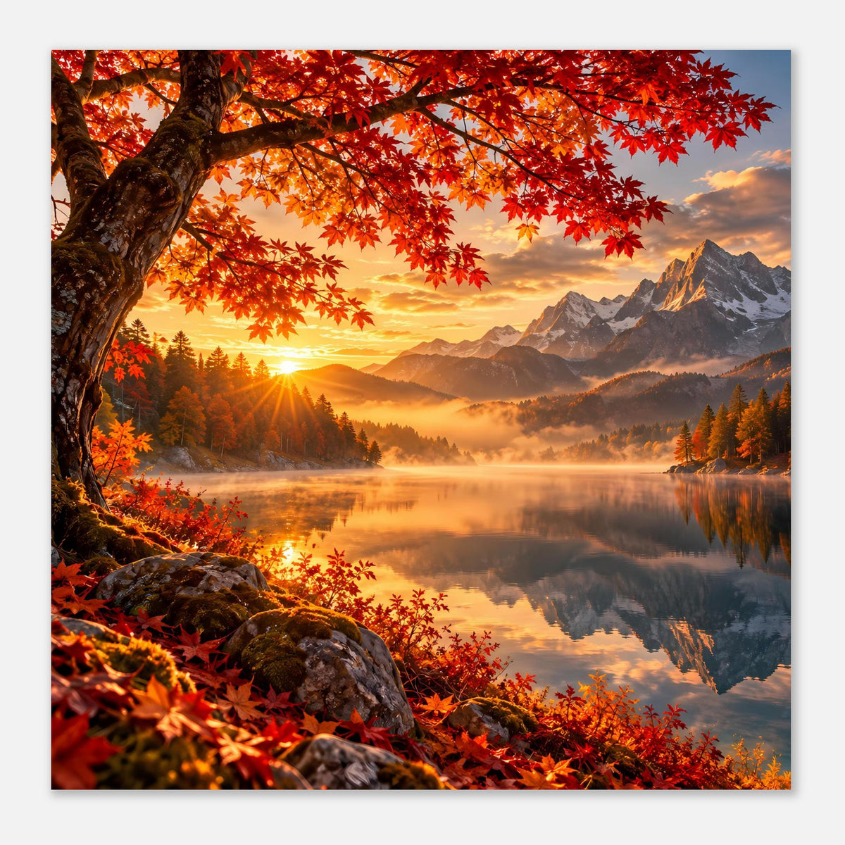 Herbstlandschaft-Poster mit roten Blättern im Vordergrund, goldenem Licht über See und Bergen