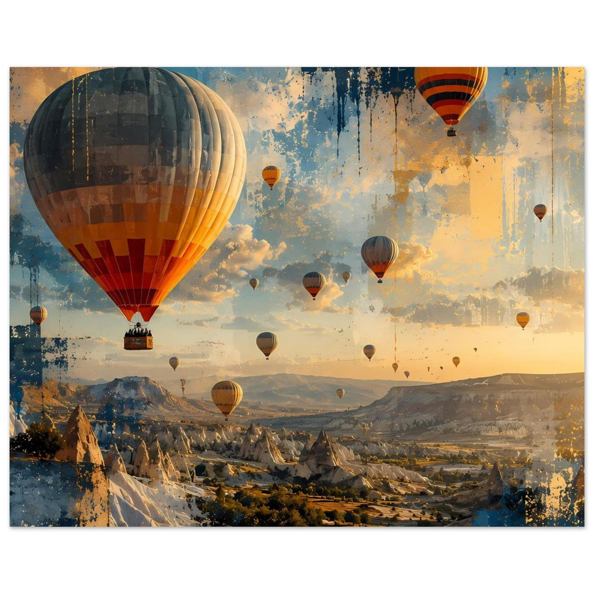 Poster mit großem Heißluftballon links oben und mehreren Ballons, Landschaft, gelb-blau