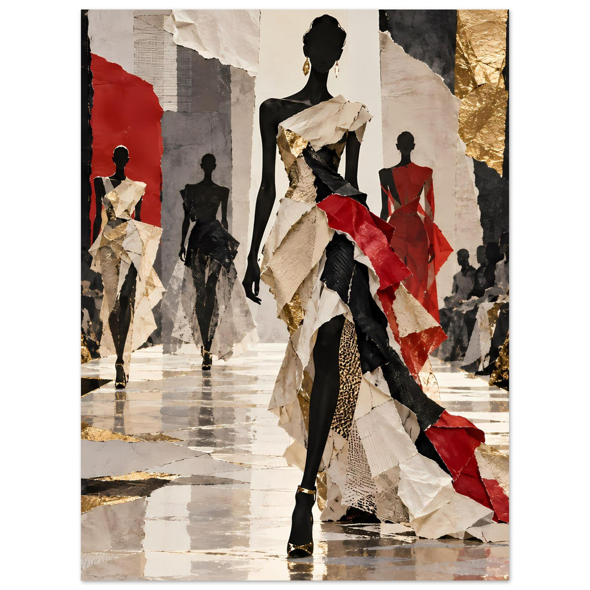 Fashion-Runway-Poster mit Modelsilhouetten, creme, rot und goldfarbenen Akzenten