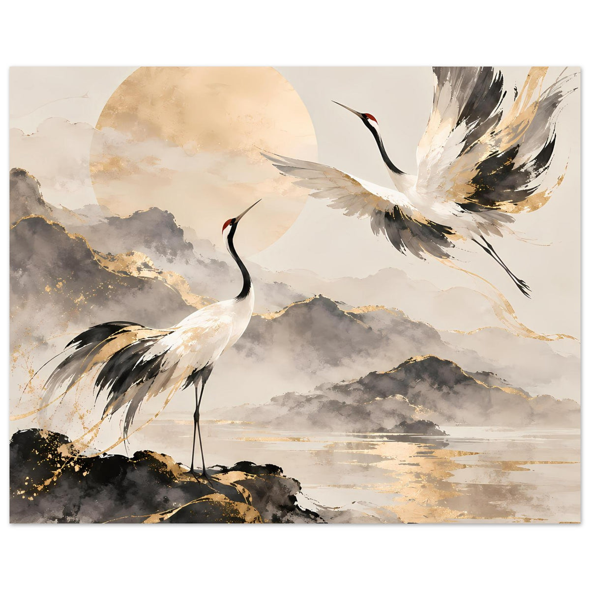 Poster mit zwei Kranichen und ausgebreiteten Flügeln in Schwarz, Weiß und Gold, horizontal