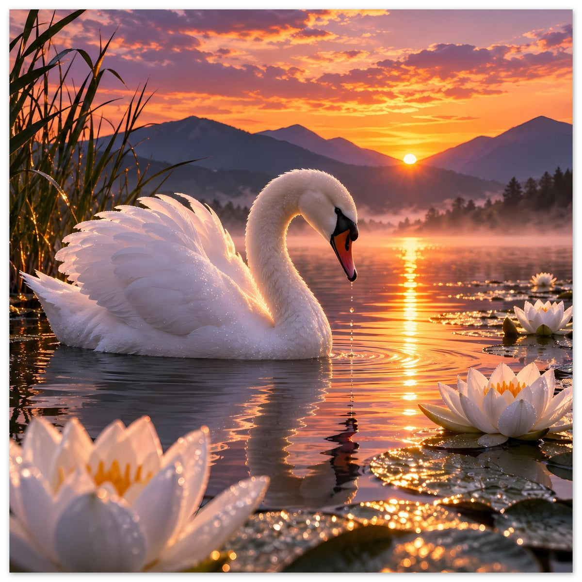 Vertikales Poster mit weißem Schwan auf Seerosen, spiegelndes Wasser bei goldenem Himmel