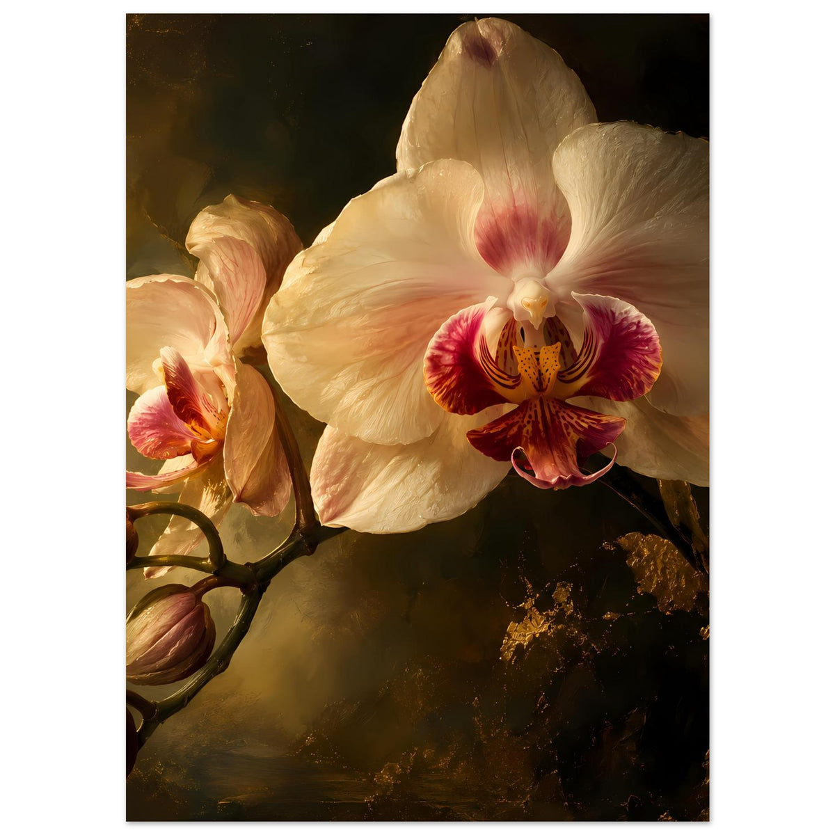 Orchideen-Poster mit cremeweißer Orchidee, rosaroter Zeichnung und goldenen Akzenten