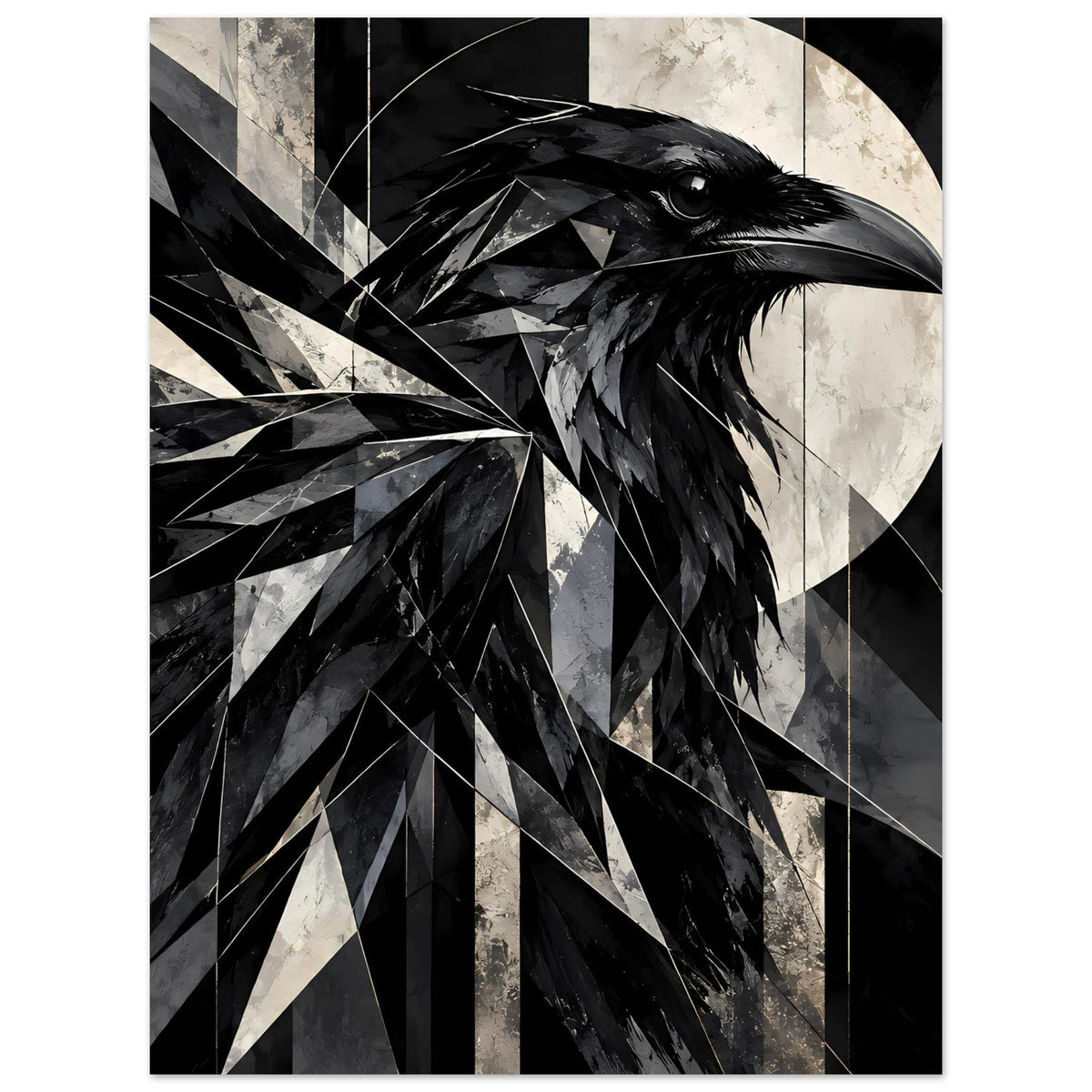 Kunstposter: Rabenkopf und Flügelbereich, schwarz-weiße Winkelgrafik aus Farbflächen.