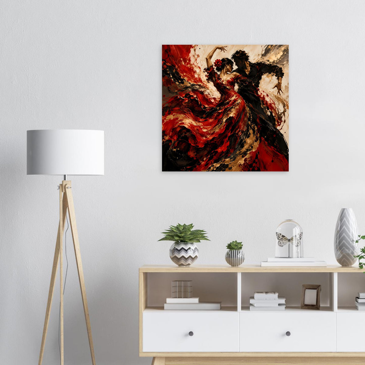 Quadratisches Poster mit Flamenco-Tänzerin in Rot, Gold und Schwarz