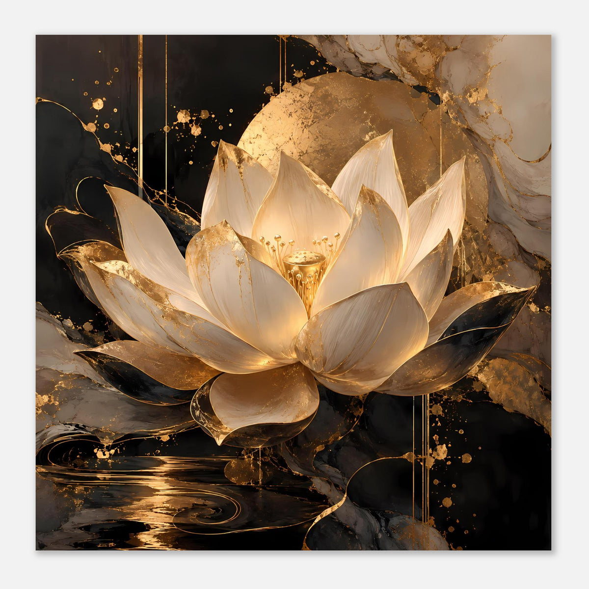 Wandposter mit Lotusblüte in Elfenbein und Gold, kompakte Darstellung im quadratischen Bild.