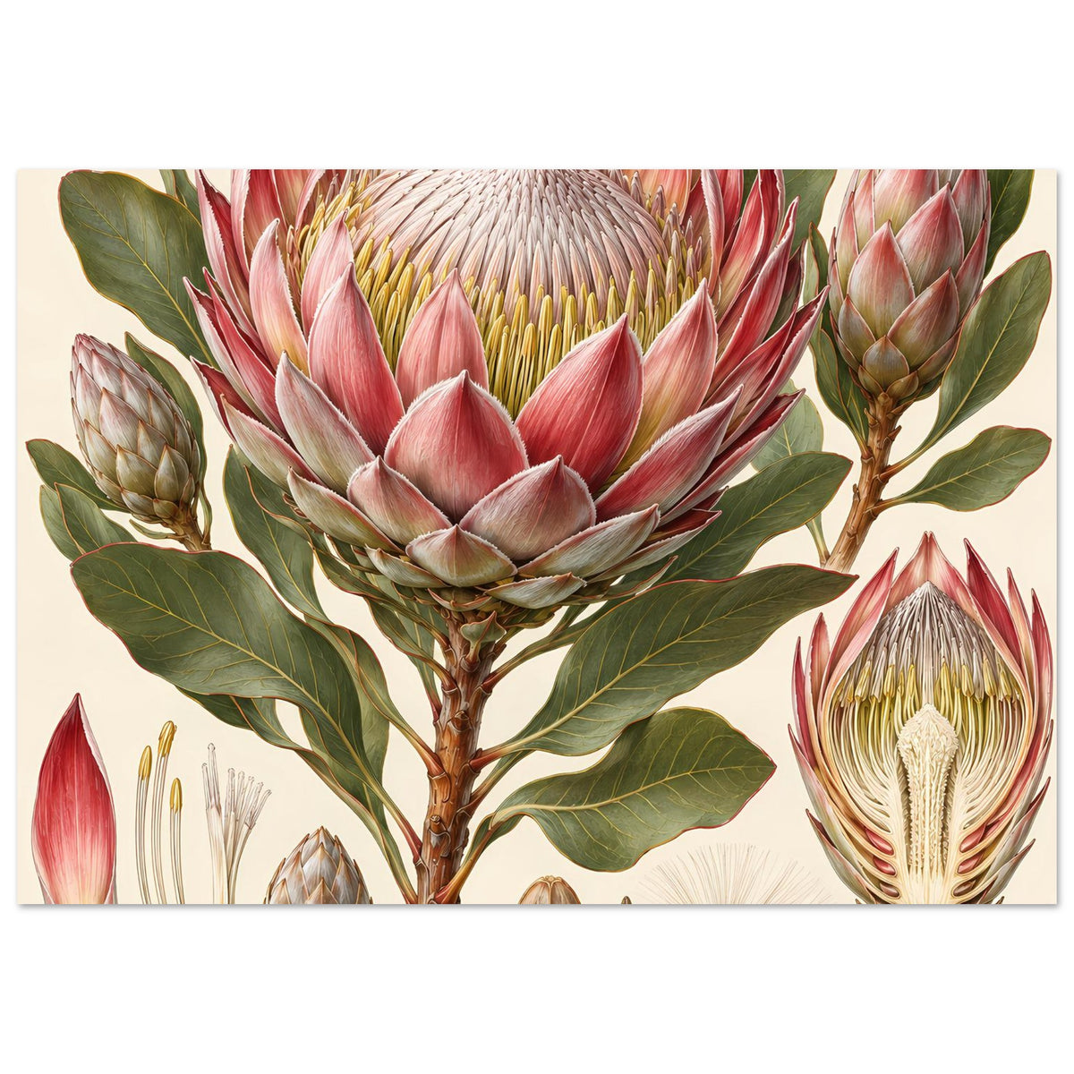Blumenposter mit Protea-Blütenmotiv auf mattem Papier, großformatig, quer