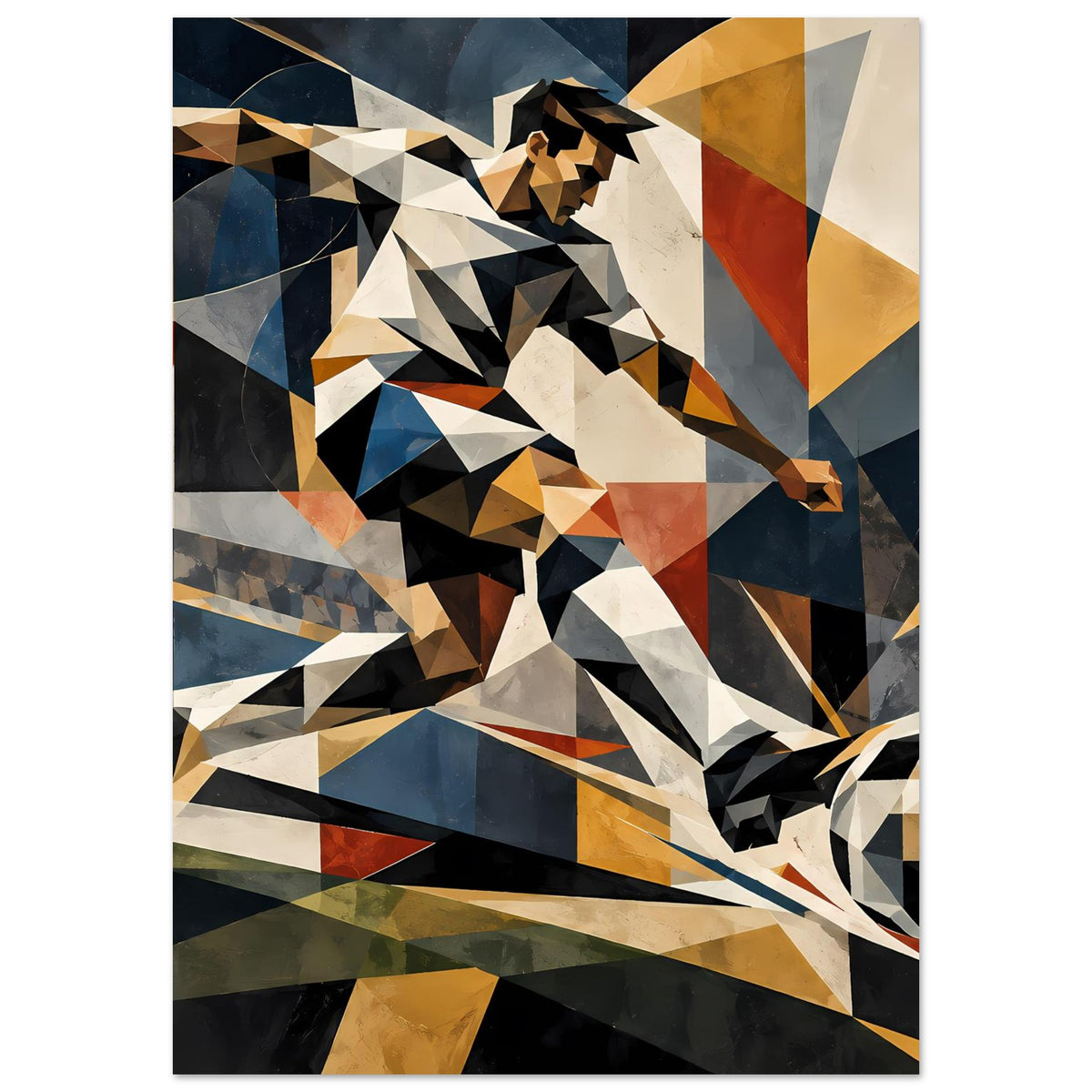 Abstraktes Poster mit geometrischem Fußballspieler, dynamische Linien und Fußball im unteren rechten Eck