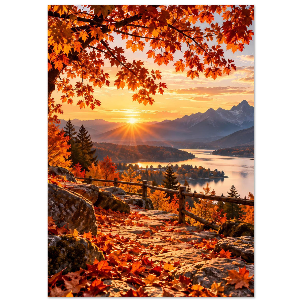 Herbstlandschafts-Poster mit Sonnenuntergang, orangeem Laub und Weg, Holzgeländer vor Bergen