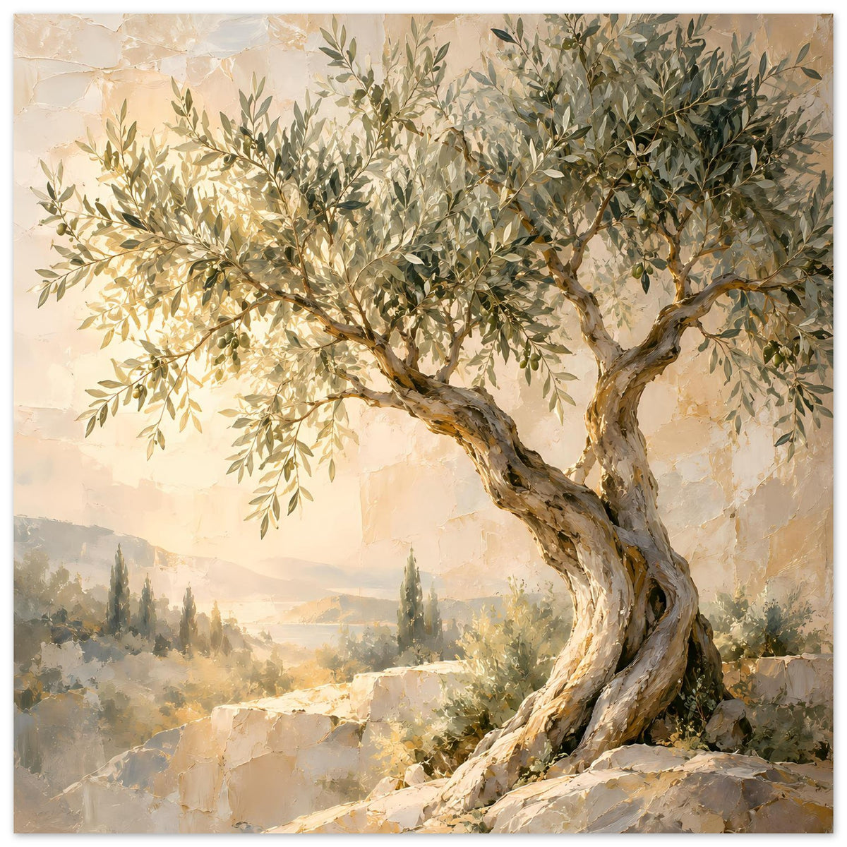 Olivenbaum-Landschaftsposter mit goldenem Blätterdach und gedrehtem Stamm