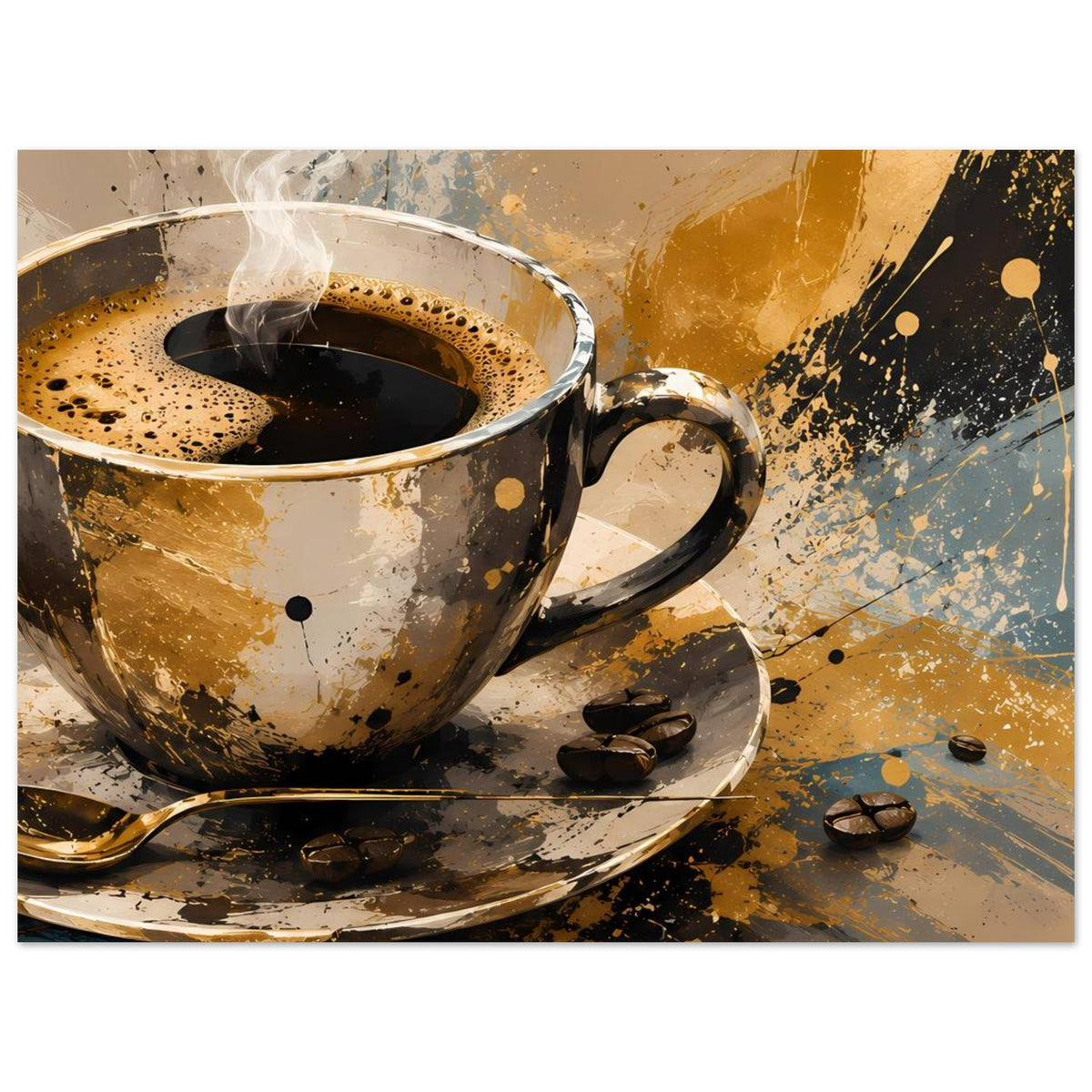 Kunstposter: Kaffeetasse mit Dampf, Sprenkel und Flecken auf Untertasse, abstrakter Stil