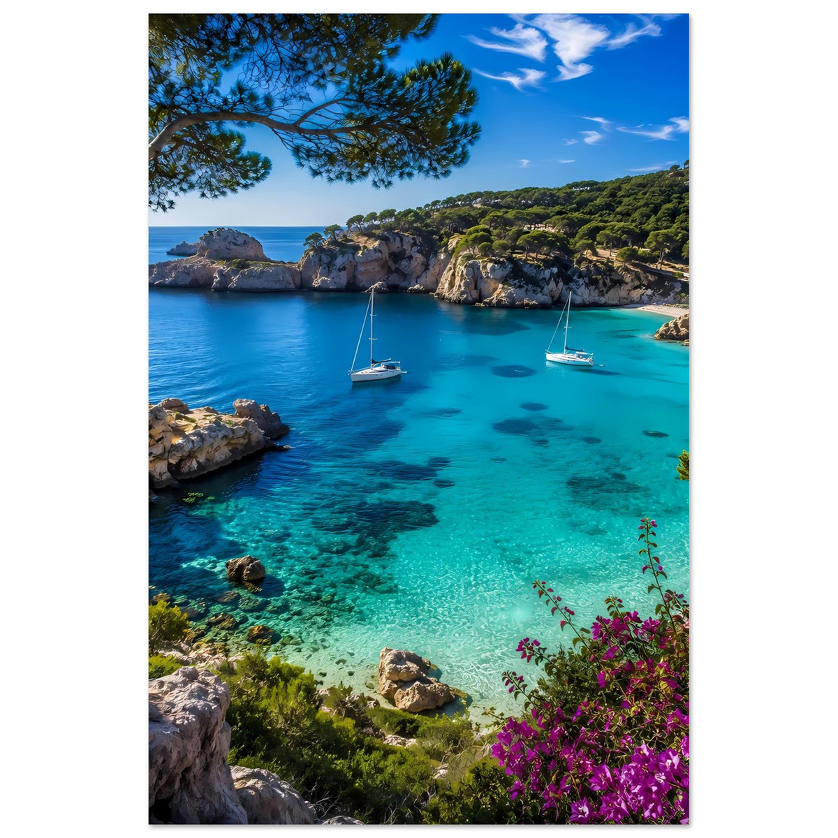 Mediterranes Küstenposter im Hochformat: türkisfarbenes Meer mit Segelbooten und Blüten