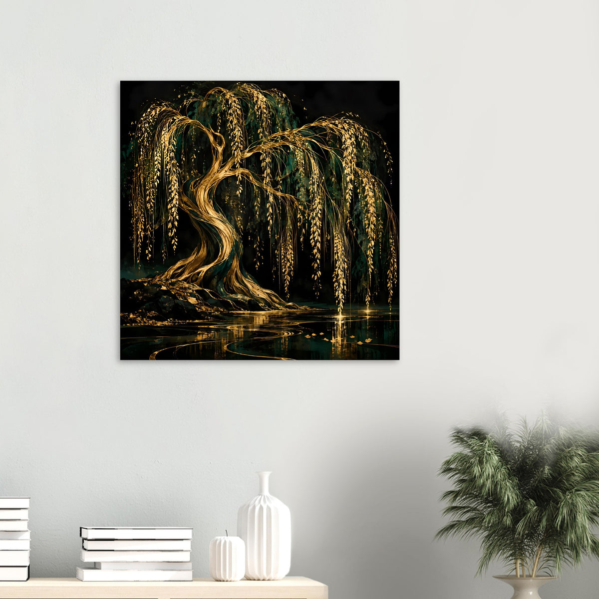 Wandposter mit goldener Trauerweide über Wasser, quadratisch, dunkler Hintergrund