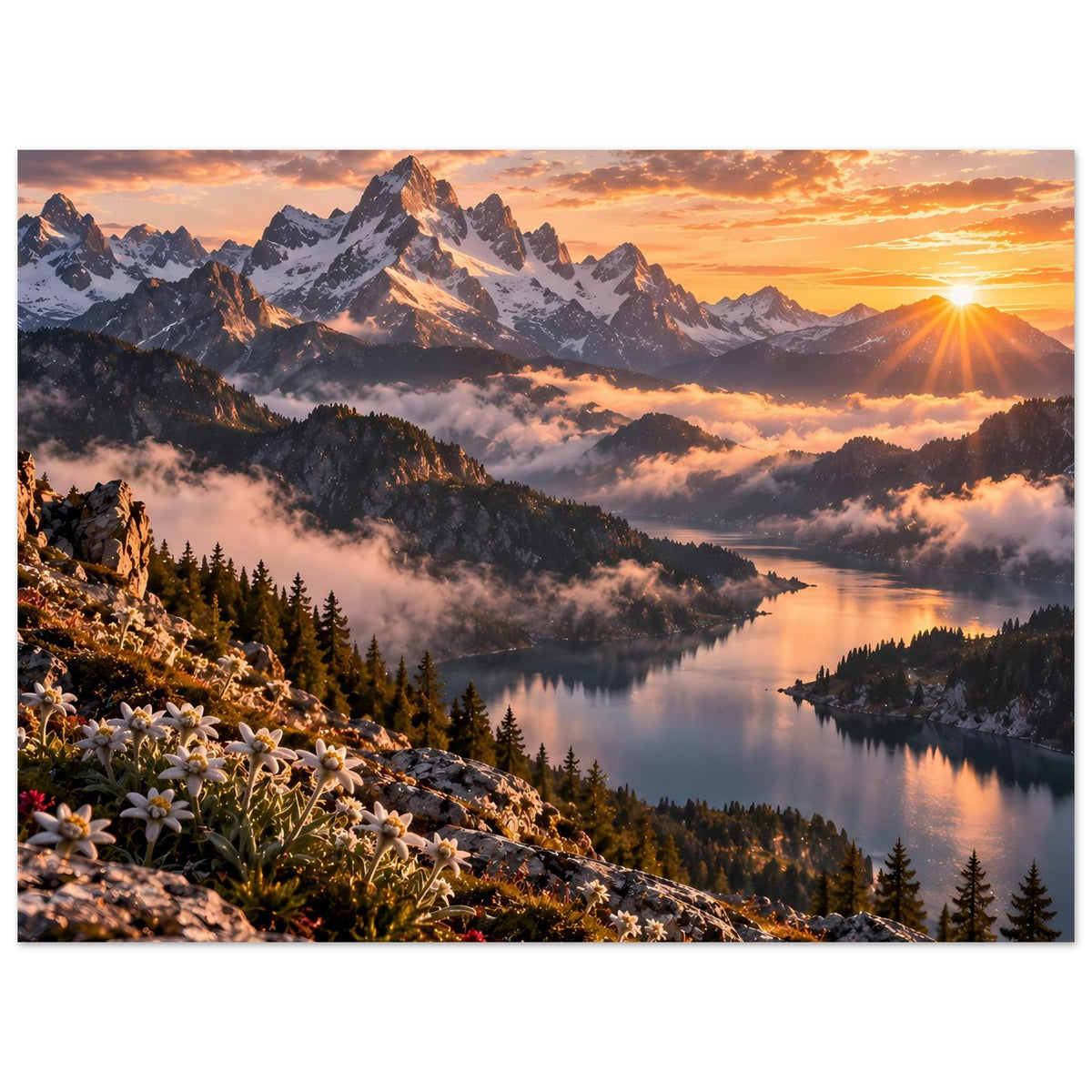 Querformat-Poster mit Alpengebirge, spiegelndem See und Sonnenaufgang