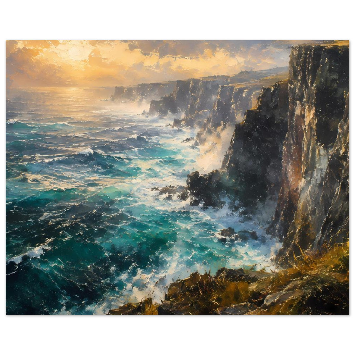 Poster Wilde Klippenküste: türkisfarbene Brandung, Felsklippen, Sonnenlicht über dem Meer, Hochformat