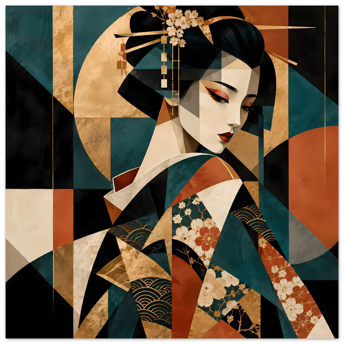 Kunstposter mit Geisha und Kimono mit Blumenmuster, Golddetails und türkisen Akzenten