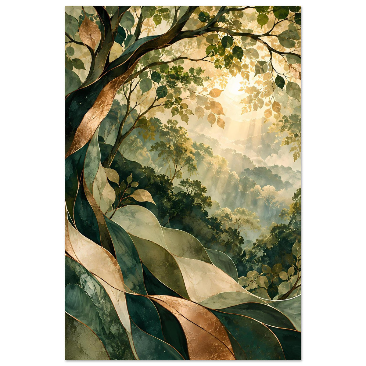 Naturposter, vertikal: Nahansicht von Blättern und Zweigen, Waldlandschaft mit warmem Goldlicht