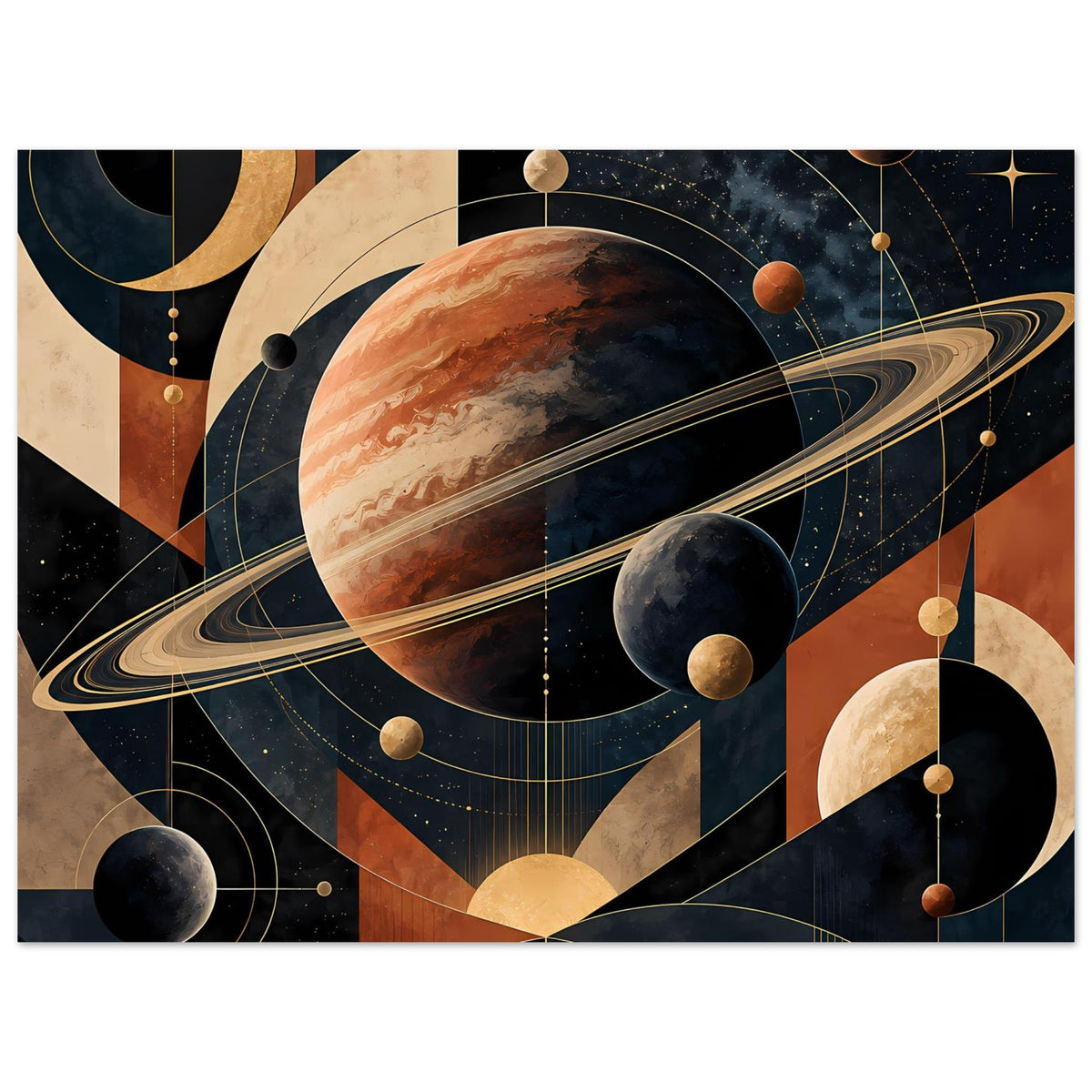 Horizontales Weltraum-Poster mit großer Planetenansicht, Saturnring und Himmelskreisen in warmen Farben