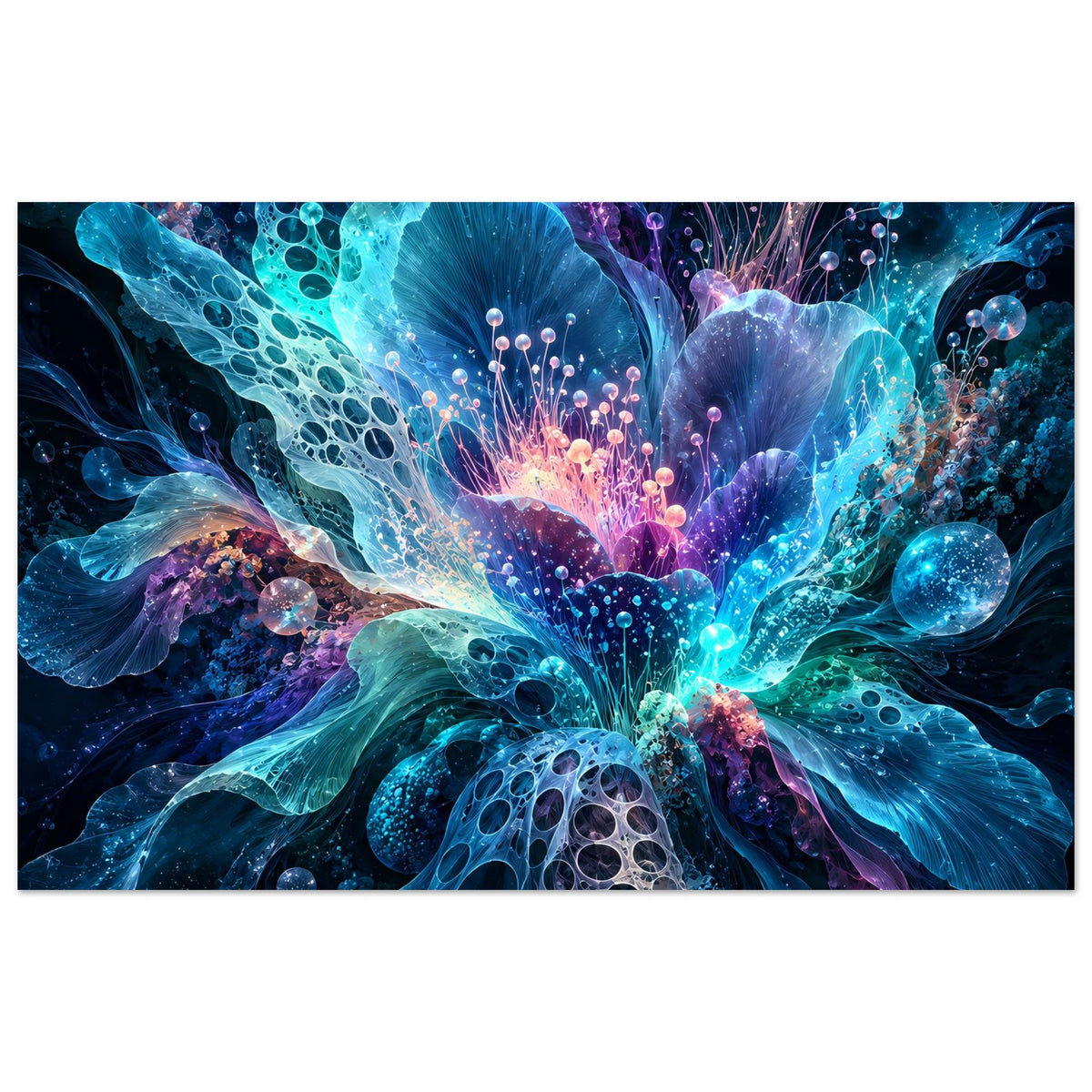 Leuchtendes Blumenposter mit digitalen Blüten in Blau- und Violetttönen, mit Lichtpunkten